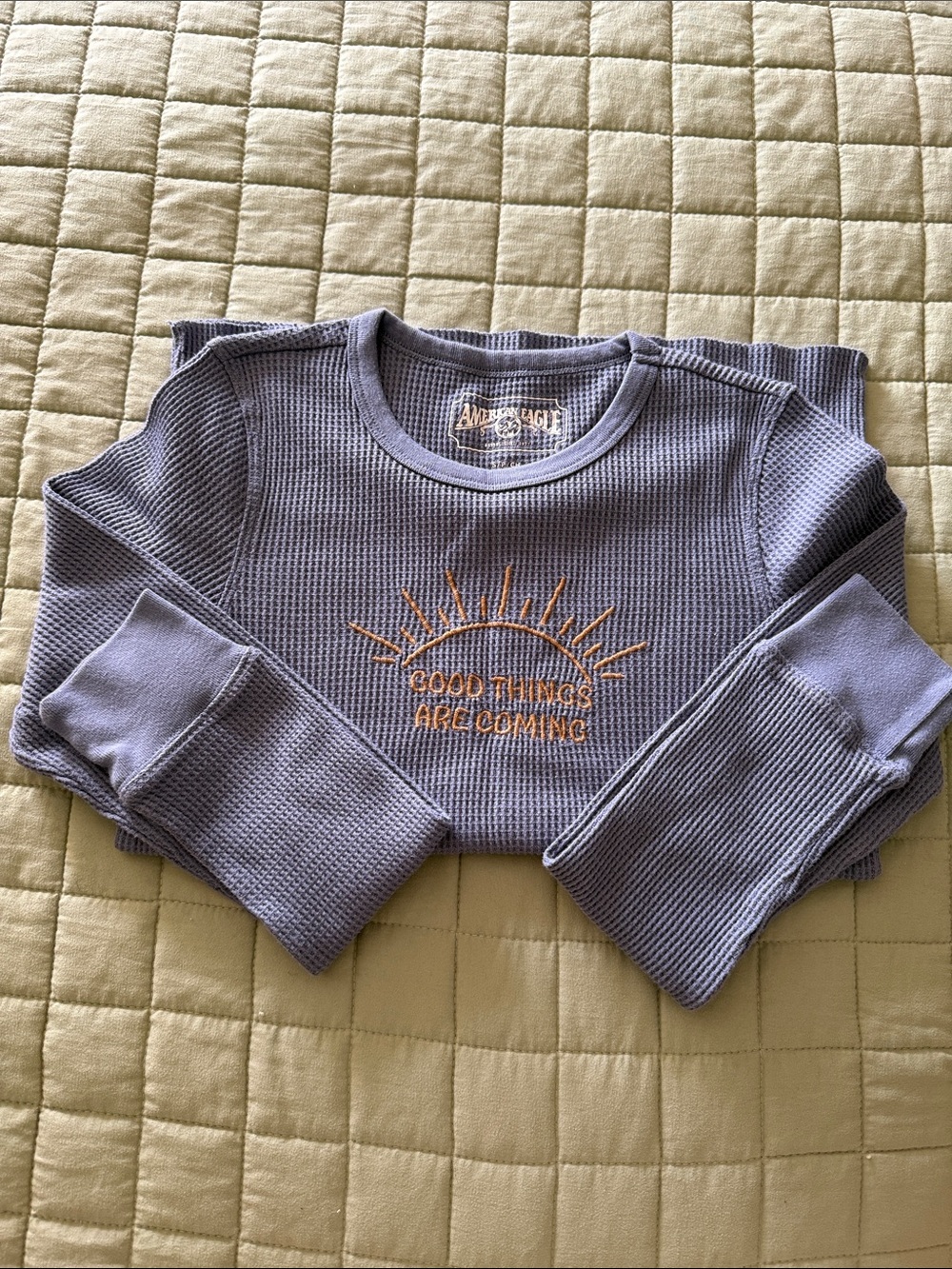 American Eagle Lavender Waffle Knit Long Sleeve with Gold Embroidery